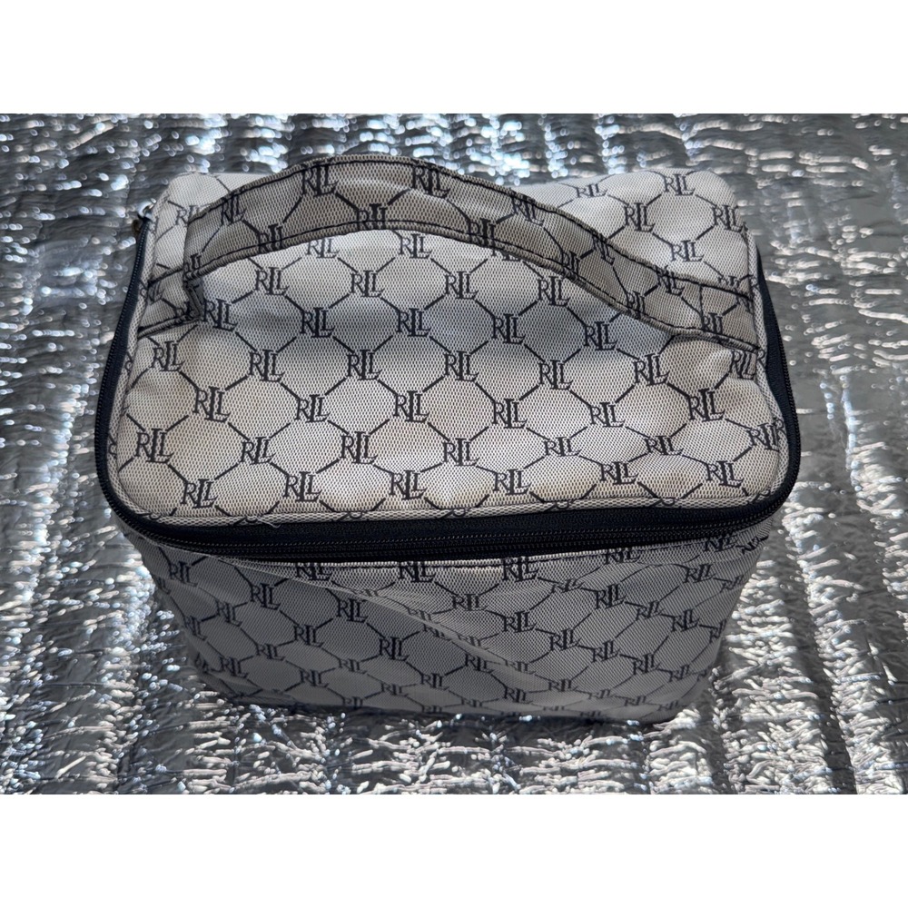 Lauren Ralph Lauren Monogram Vanity Case Cream Navy Blue Travel Toiletry Bag